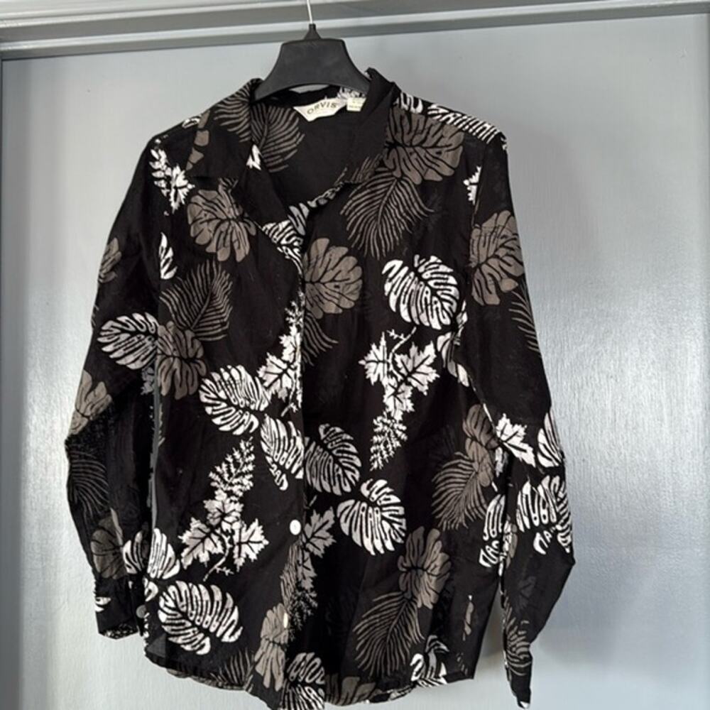 Orvis Black White Floral Women's Button Front Long Sleeve Blouse Top sz Large